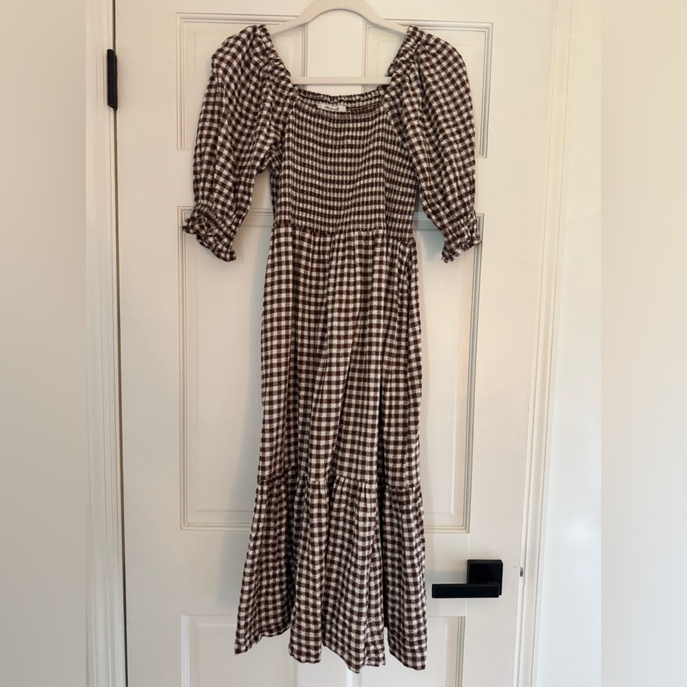 Madewell Long Sleeve Brown Checkered Dress